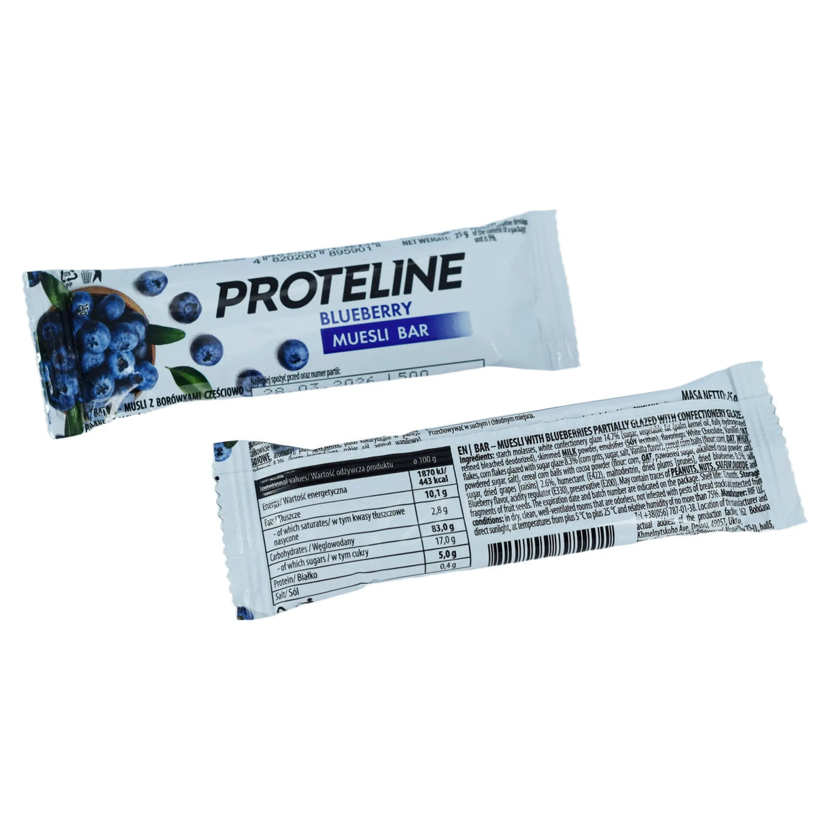 Bar – muesli with blueberries partially glazed with confectionery glaze (25g) Protein bar